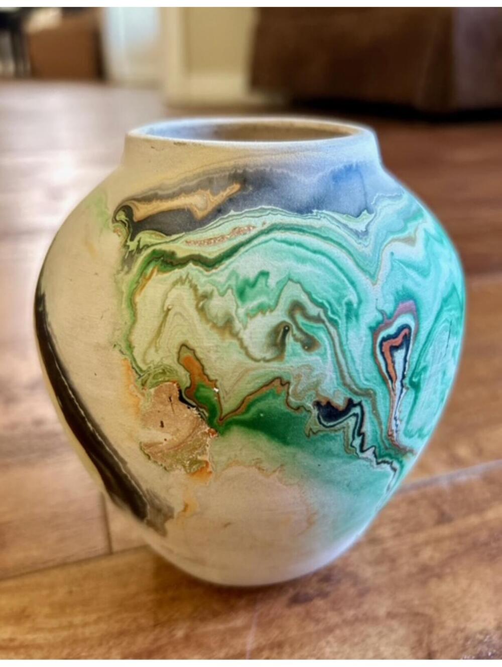 Nemadji Handmade Ceramic Pottery Vase with Green and Black Swirl Design